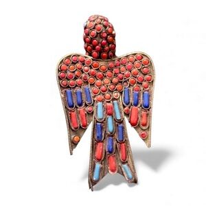 Antique Vintage Brass Turquoise Coral Onyx  Inlay Bird Figurine Tibet Nepal